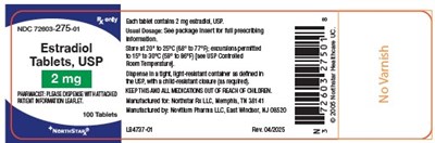 Estradiol Tablets Usp 2mg 100 Ndc72603-275-01 (Estradiol Tablets 2mg 100)